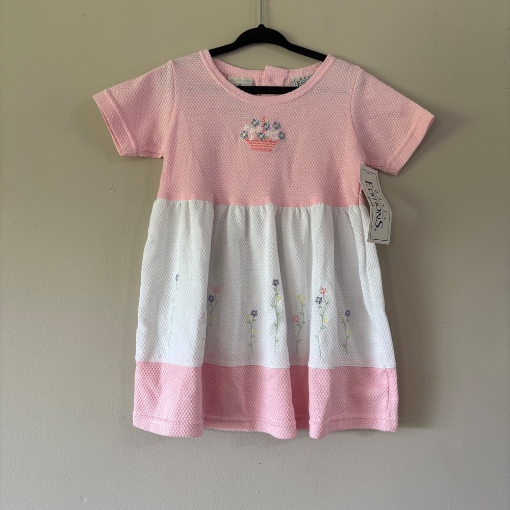 VTG Basic Editions Pink White Embroidered Flower‎ Basket Waffle Knit Dress 4 NWT